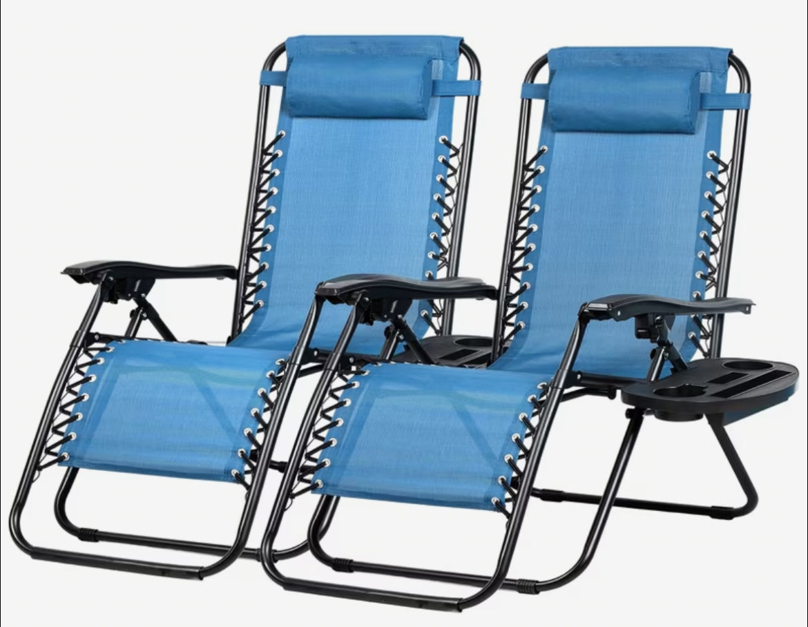 Lounge Chair Set of 2 - Blue Reclining Patio Chairs with Cup Holders