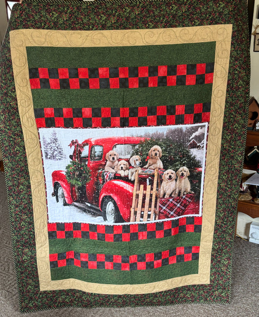 54" x 72" Holiday Red Truck Quilt with Golden Retrievers