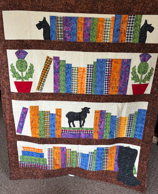 55" x 67" Bookshelf Quilt with Scottish Terrier and Sheep