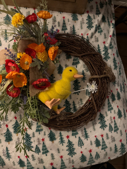 Spring Wreath with Yellow Duck and Colorful Flowers