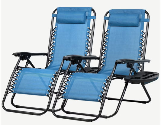 Lounge Chair Set of 2 - Blue Reclining Patio Chairs with Cup Holders