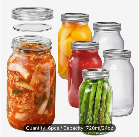 Glass Jars with Metal Lids - 6 Pack, 24oz/720ml Canning Jars for Food Storage