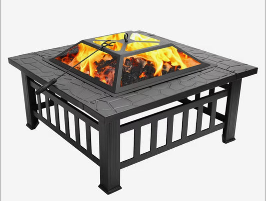 32-Inch Square Outdoor Fire Pit with Spark Screen, Poker, and Wood Grate - Black