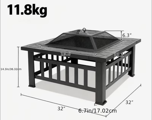 32-Inch Square Outdoor Fire Pit with Spark Screen, Poker, and Wood Grate - Black