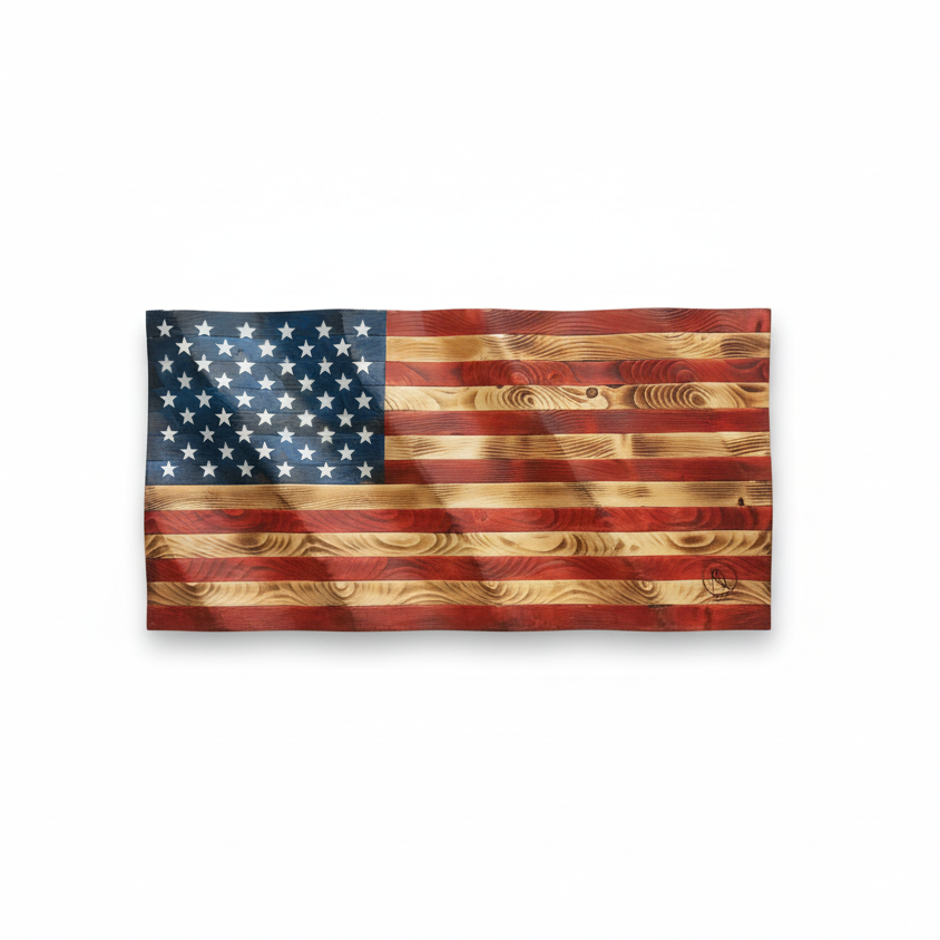 Handcrafted rustic wooden American flag wall art with carved stripes